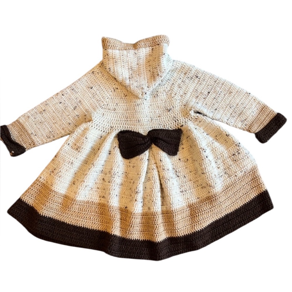 Homemade Crocheted Cream and Brown Hooded Girls Cardigan. Bow Detail on Back.